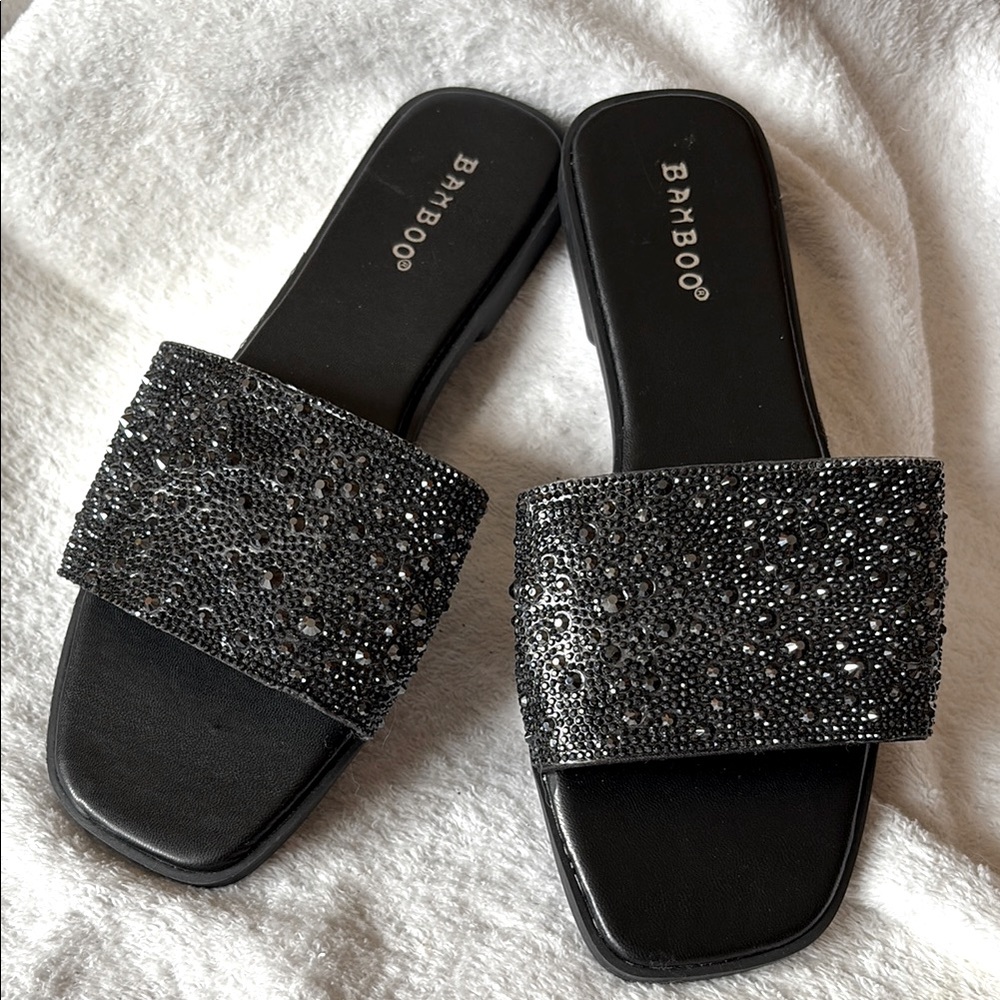 BAMBOO Black Sparkly Slide Sandals